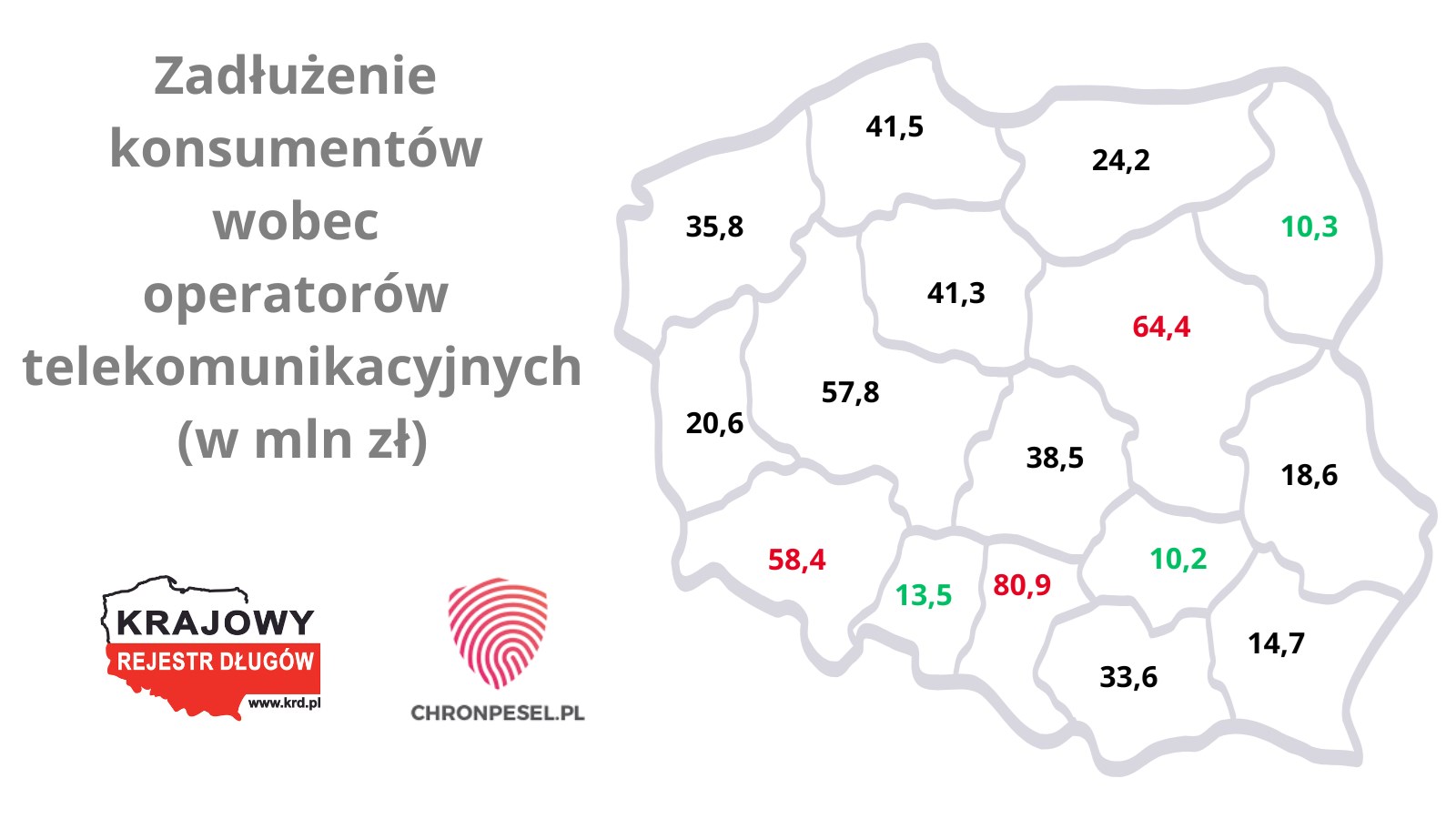 Mapa Polski: zadłużenie konsumentów wobec operatorów telekom.